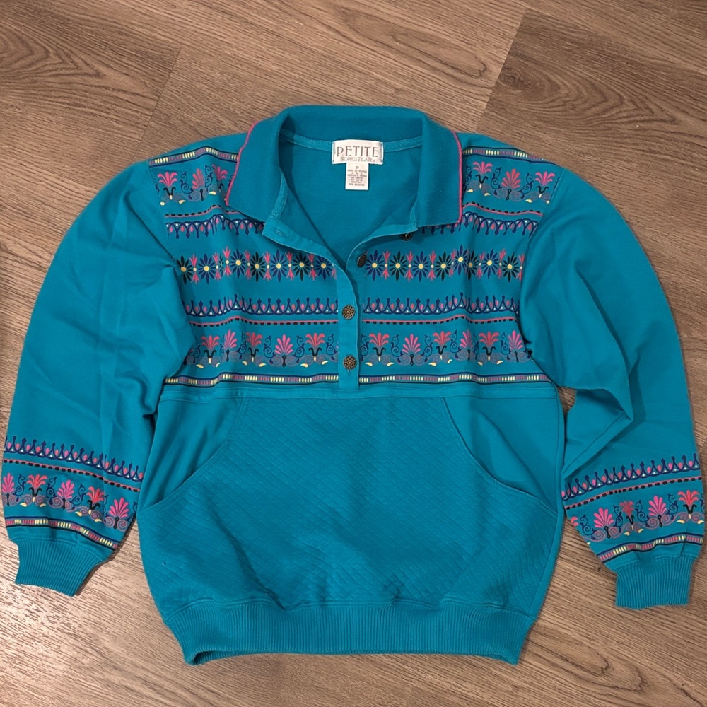 Vintage Petite Sophisticate Henley PS Blue Half Button Down Sweatshirt w Pockets